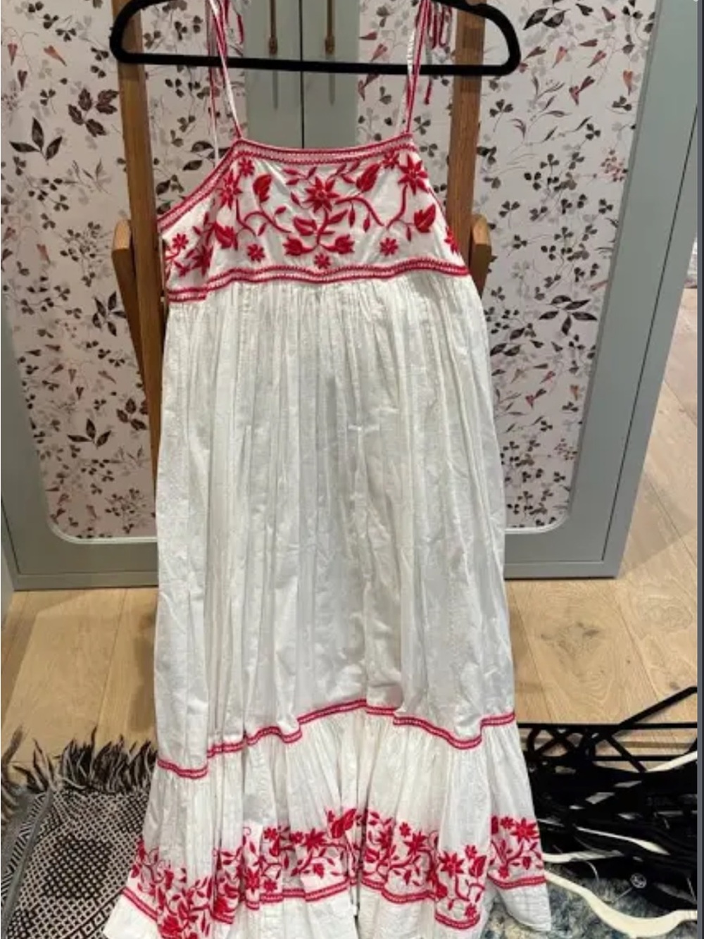 THE GREAT. White Maxi Dress with Red Floral Embroidery